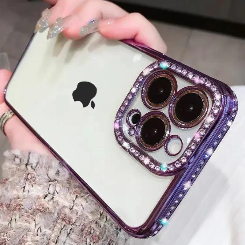 Luxury Plating Glitter Diamond Transparent Case for iPhone 17 16 13 11 12 14 15 Pro Max Plus Female Silicone Shockproof Cover