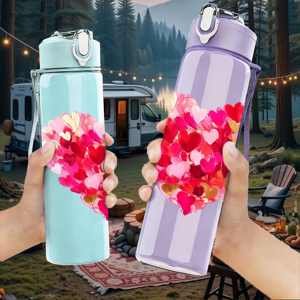 1PC Red Glitter Heart Love Art Print 750ml Color Plastic Sports Water Bottle Leakproof Flip Straw Lid Suitable for Sports Office Home Use