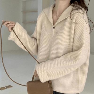 Sweater Women's Polo Collar Knitted Pullover Loose Top Solid Color