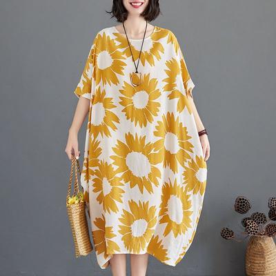 Plus Size Summer Dress for Women Casual Short Sleeve Round Neck Loose Dresses Flower Printed Midi Holiday Dress