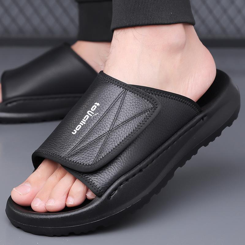 

Fashion 2025 Summer New Leather Slippers for Women Solid Color Designer Beach Shoes Male Outwear Fashion Casual Flip Flops Man 38