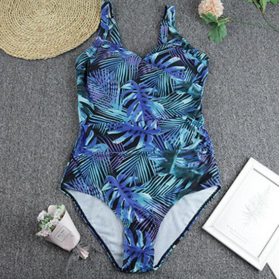 Leaf Print V-Neck Plus Size One-Piece Swimsuit (M-XXL)