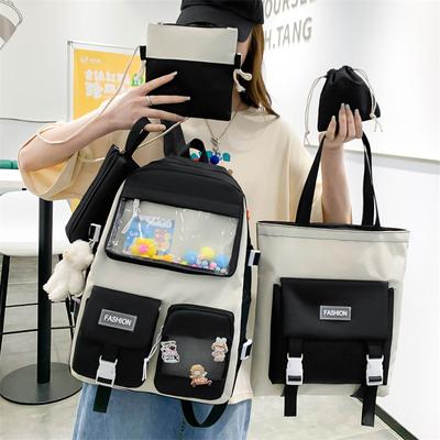 5pcs/set Kawaii School Bags for Teenage Girls Casual Canvas Large Capacity Student Bookbags Women Travel Backpack Shoulder Bags