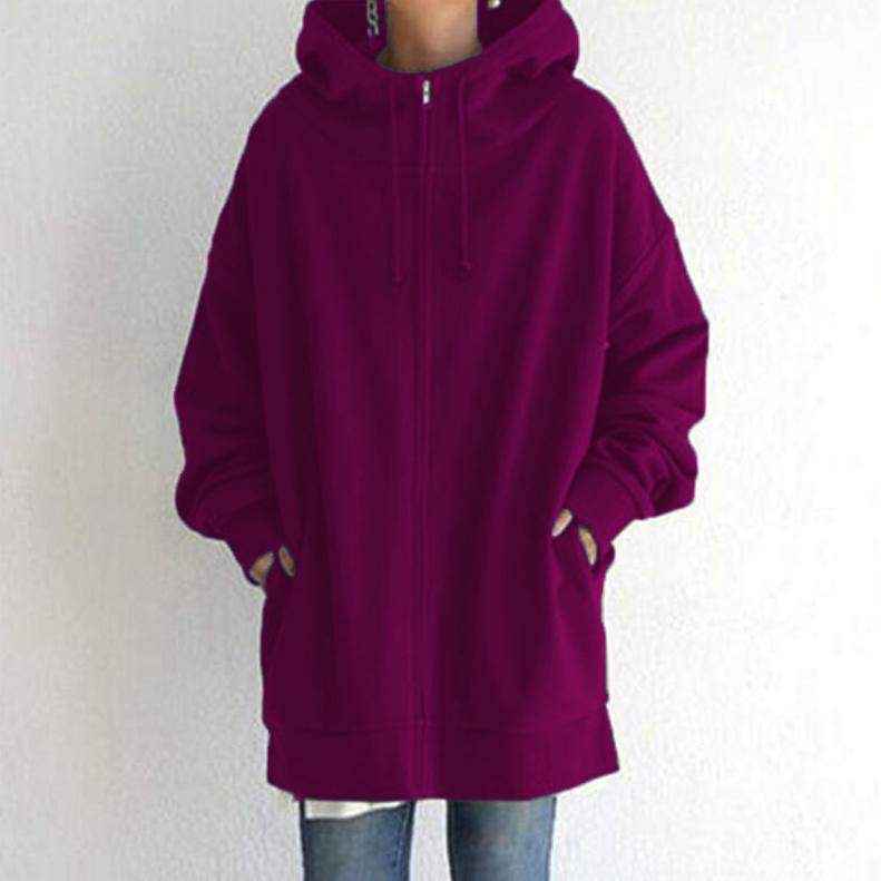 Autumn and Winter Women's New Personality Street Casual Warm Sweater Zipper Hooded Long Fleece Jacket
