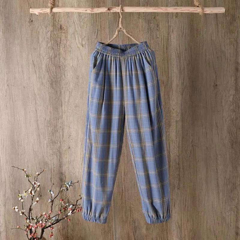 WTEMPO Plaid Pants Women Loose and Thin Elastic Waist Straight Casual Pants Size M-XXXXL
