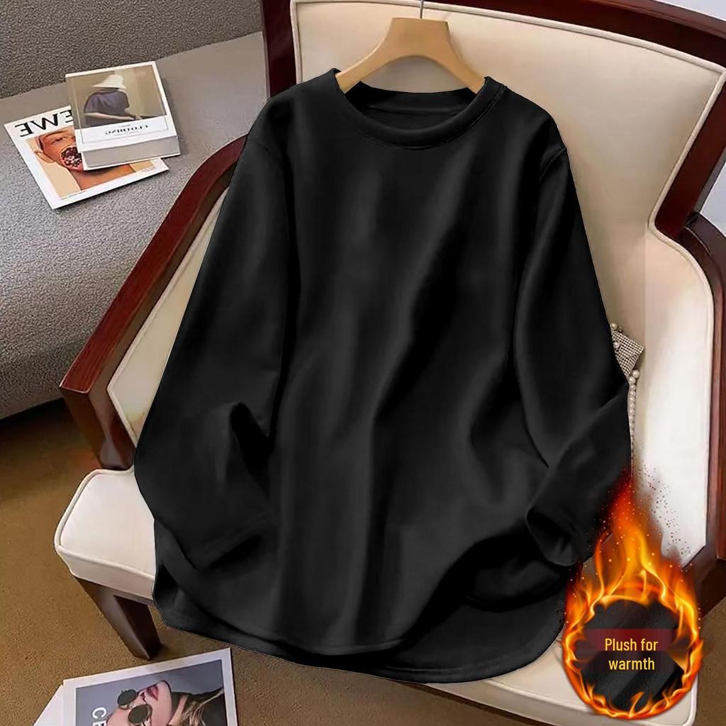 Korean Style Loose White Velvet Slit Long Sleeve T-shirt for Women - Spring, Autumn, Winter Casual Mid-Length Trendy Top