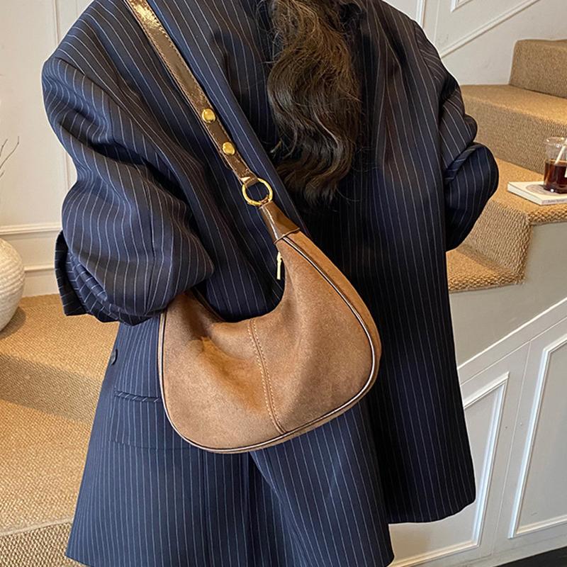 Faux Suede Solid Color Large Capacity Hobos Shoulder Bags for Women High Quality Versatile Undearm Ruched Handle Bags