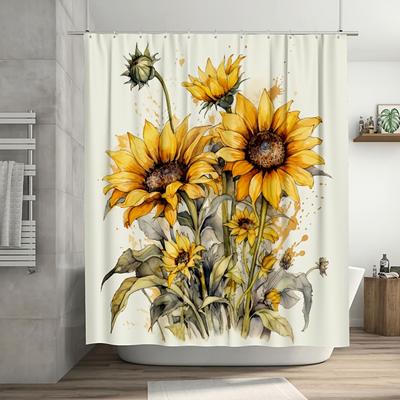 1 Stück Gelbe Sonnenblumen auf Weißem Hintergrund Aquarell Duschvorhang, Strapazierfähiges Polyester, Leicht zu Reinigen