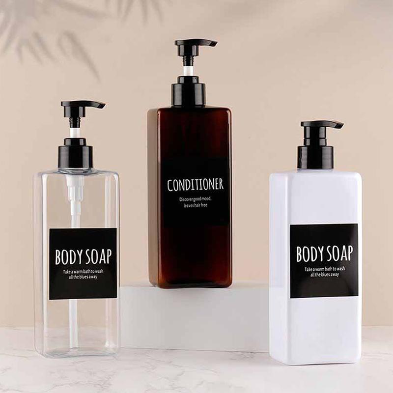 3 ks 500ml čtvercový dávkovač mýdla, plnitelná láhev s vodotěsnými etiketami pro mýdlo na ruce, pleťové mléko, šampon a kondicionér