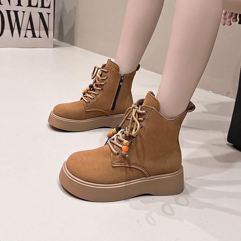 Women Thick Heel Boots Spring Autumn Quality Nubuck Cow Suede Round Toe Handmade Retro Chunky Platform Ankle Boots Lady