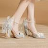 Baotou Chunky Sandals Summer New Pointy Shallow Mouth Sequin Flower Beaded Butterfly Knot Non-slip Wear Heels