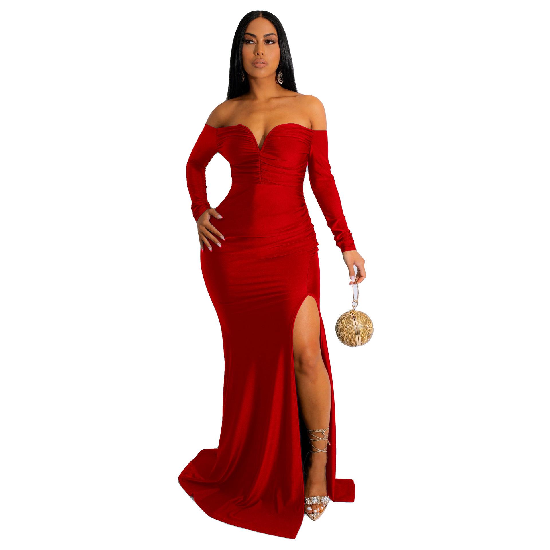 AL228 European & American Women s Silk Long Sleeve Floor-Length Dress L красный