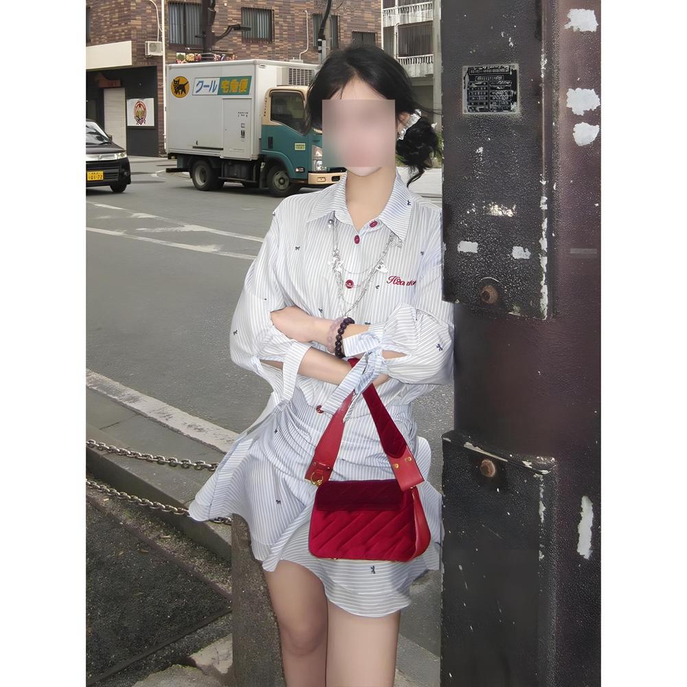 

College style blue striped shirt dress children s early summer casual women s new temperament waist skirt XL- (recommended 110-60kg)