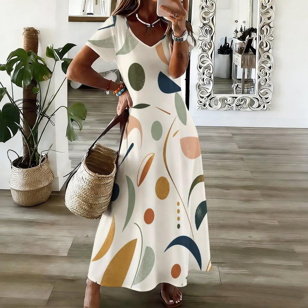 Women Plus Size V Neck Short Sleeve Geometric Printed Straight Long Dress