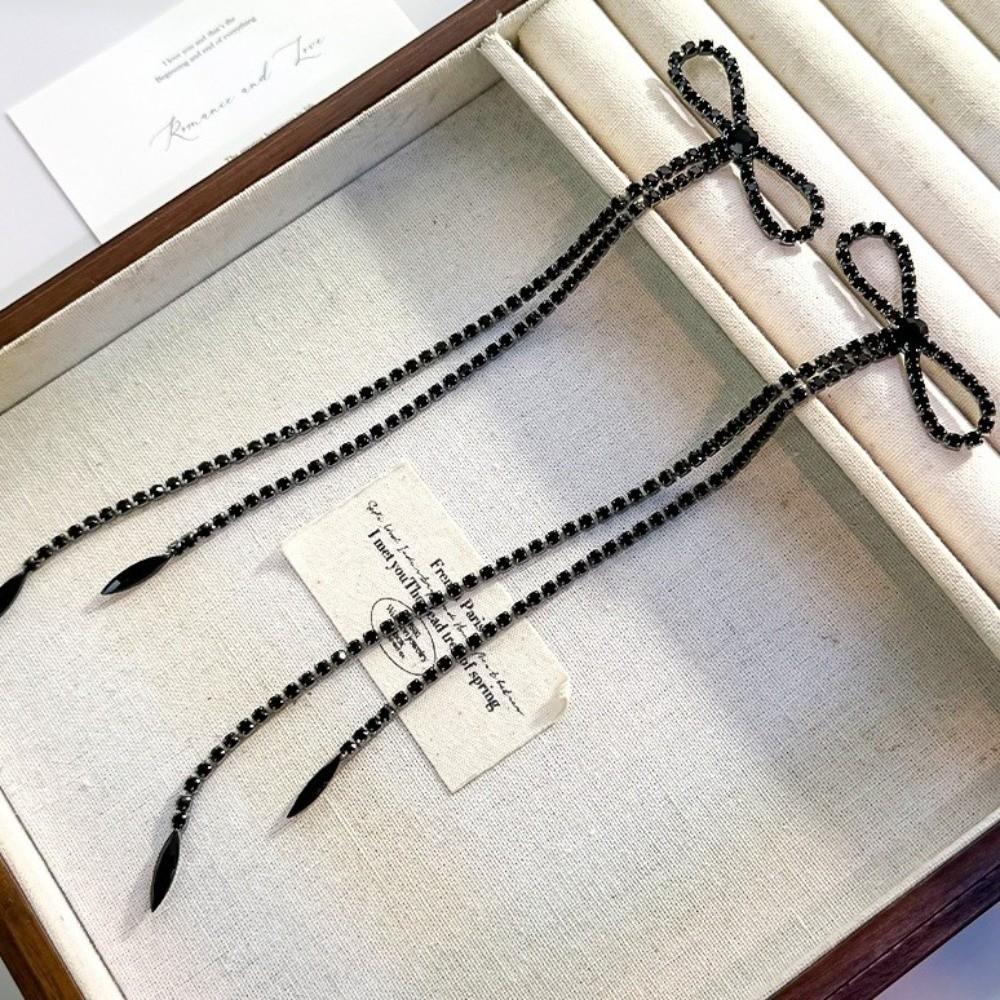 Black Bowknot Pendant Earrings Rhinestone Statement Drop Earrings Long Tassel Earrings Proms
