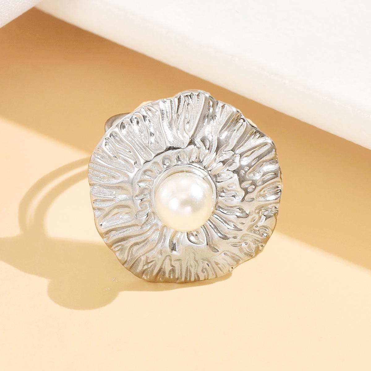 Personalized Stainless Steel Pearl Flower Ring - Elegant Retro Pleated Design, Adjustable Index Finger Fit