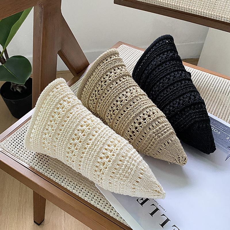 Knitted Hollow Bucket Hat Women's Summer New Solid Color Breathable Sunscreen Sunshade Bucket Basin Hat Sun Hat