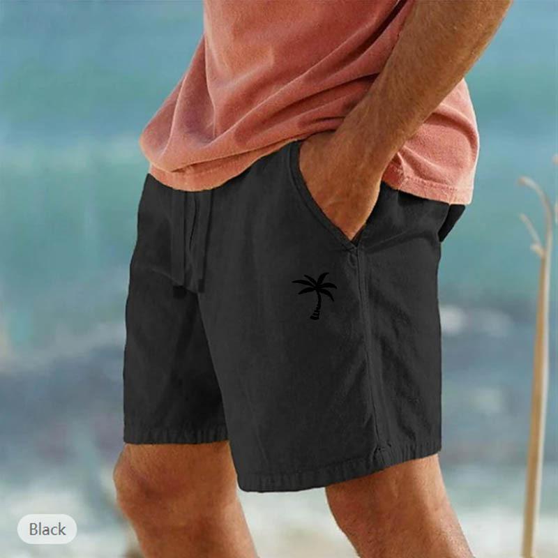 Cross-border New Coconut Printed Linen Shorts Drawstring Elastic Waist Solid Color Breathable Beach Five-point Casual Pants
