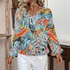 Women's Casual Fashion Ruffle V-Neck Pocket Retro Print Long Sleeve Top