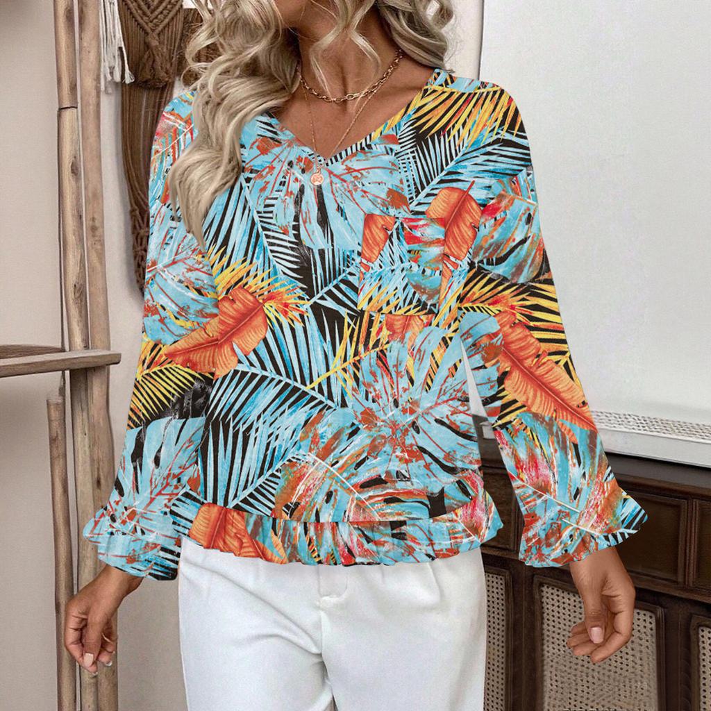 Women's Casual Fashion Ruffle V-Neck Pocket Retro Print Long Sleeve Top