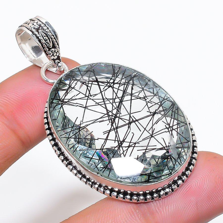 Natural Black Rutile Gemstone 925 Sterling Silver Jewelry Pendant 2.36  AP-14149