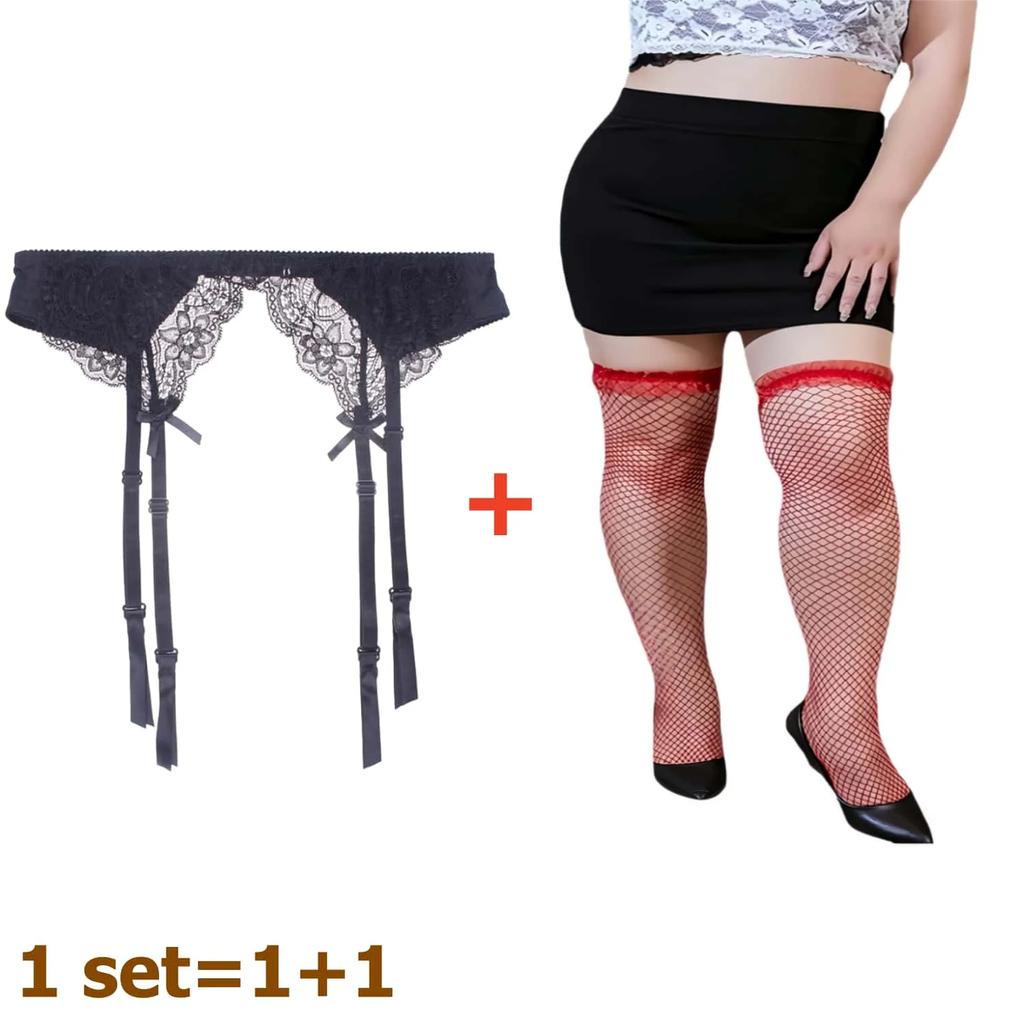 2Pcs Women'S Adjustable Non-Slip Stockings High Waist Garter Belt Plus Size Sock Set Lace Mesh Suspender One-Piece Pantyhose Xxl