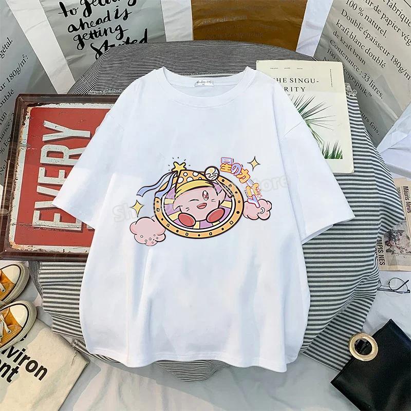 Kirby Shirt Summer O-neck Round T-shirt Cotton Short-Sleeve Tops Solid Color Adult Printed Anime White Tshirt Collar Couple Tees
