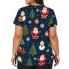 Women's V-Neck Short Sleeve Work Shirt with Christmas Print, Pockets and Side Slits