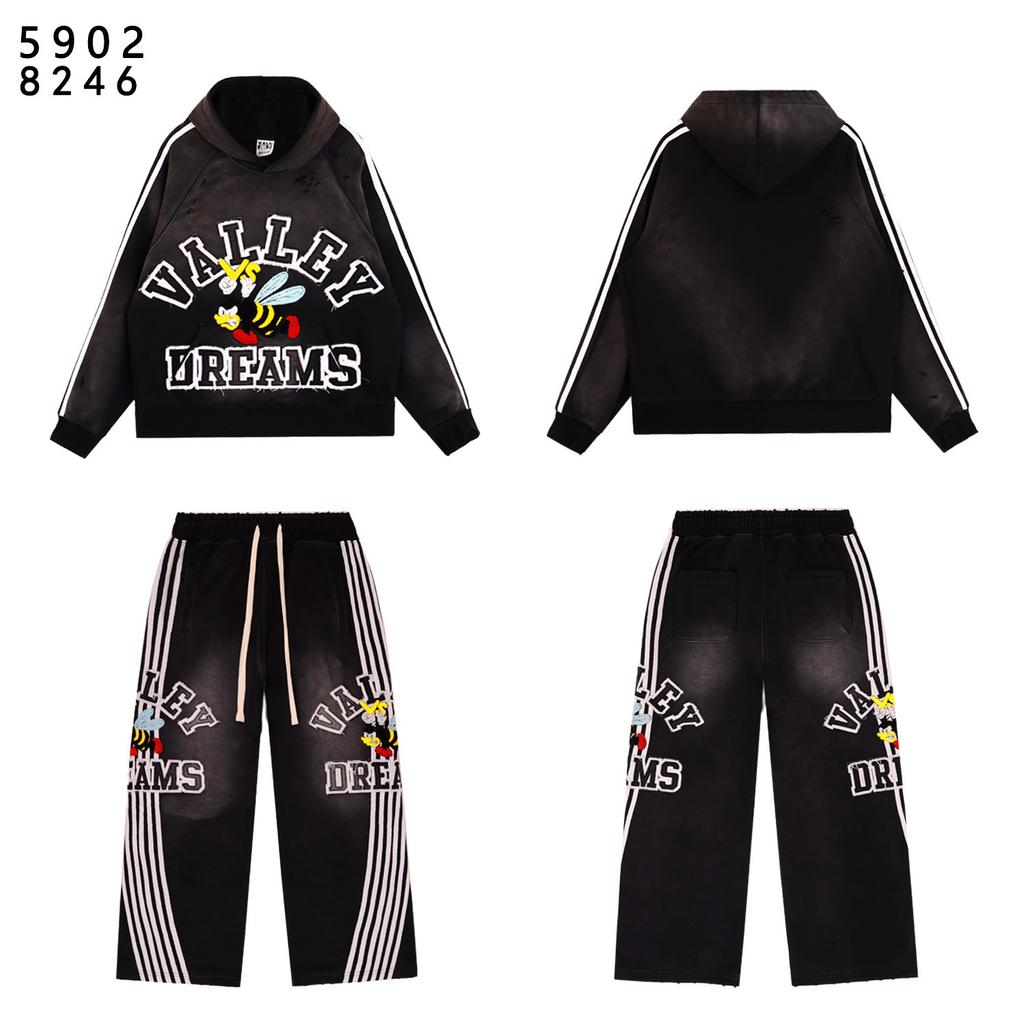 Vale Forever Anthem Bee Loose Striped Embroidered Washed Booted Hoodie Hoodie Set