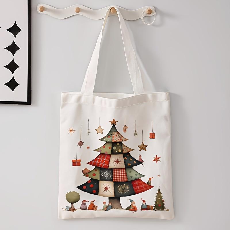 Christmas Gnome and Tree Pattern Tote Bag Casual Shoulder Shopping Bag Reusable Multi-functional Handbag Holiday Gift