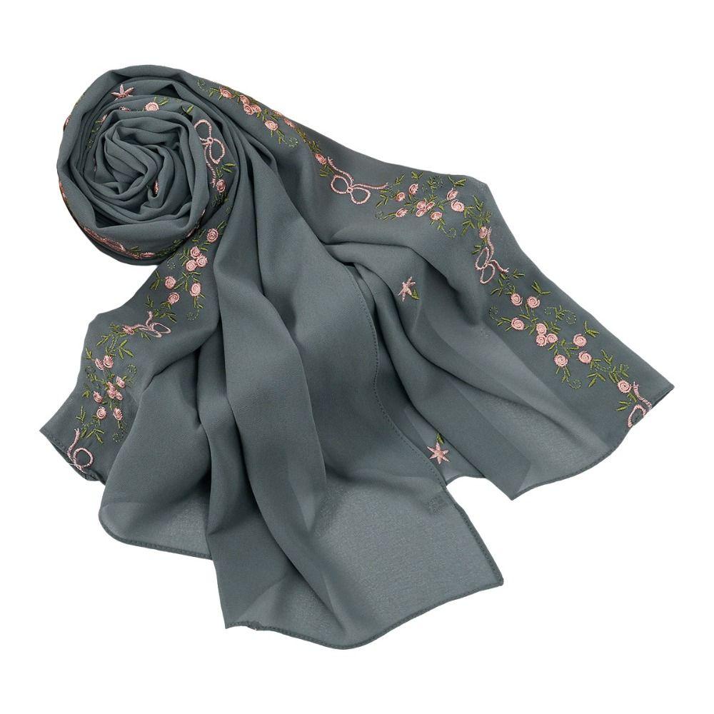 Chiffon Material Ramadan Hijab Scarf Floral Embroidery Summer Femme Shawl Daily Events