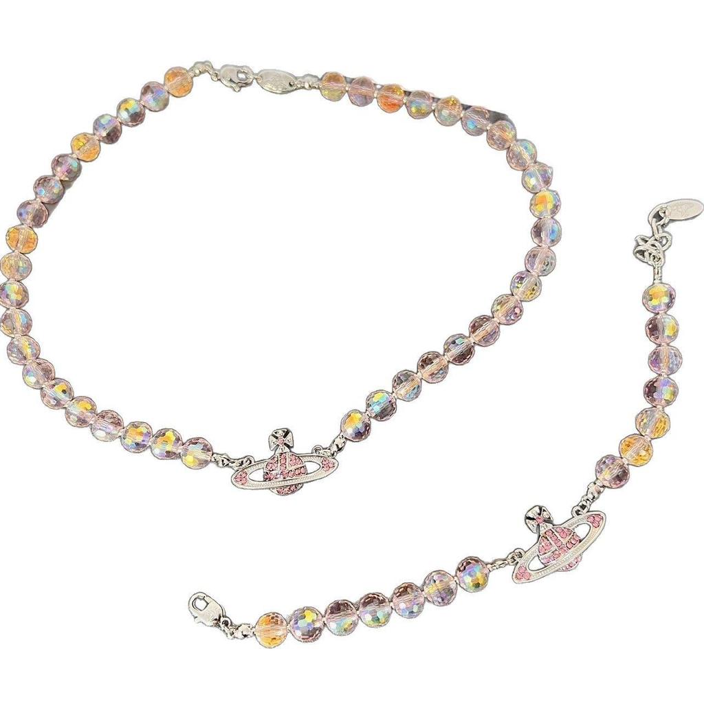 Premium Natural Crystal Bead Necklace & Custom Pink Diamond Bracelet for Women