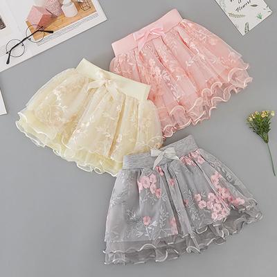 Three Layers Girl Baby Short Veil Lace Bowknot Cute and Sweet Printed Embroidery Ruffle Elastic Waist Children's Skirts Princess Tutu A-line Skirt