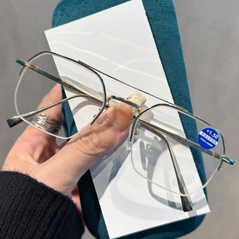 Retro Double-Bridge Square-Frame Presbyopia Glasses Stylish Metal Half-Frame Blue Light Blocking Reading Glasses Men Goggles