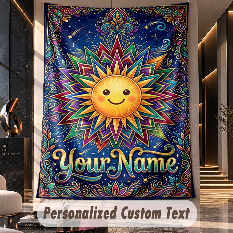 Sunflower Cow Garden 1 Theme Wall Tapestry Customized With Name Text Personalized Hanging Tapestry For Bedroom Living Room Decor