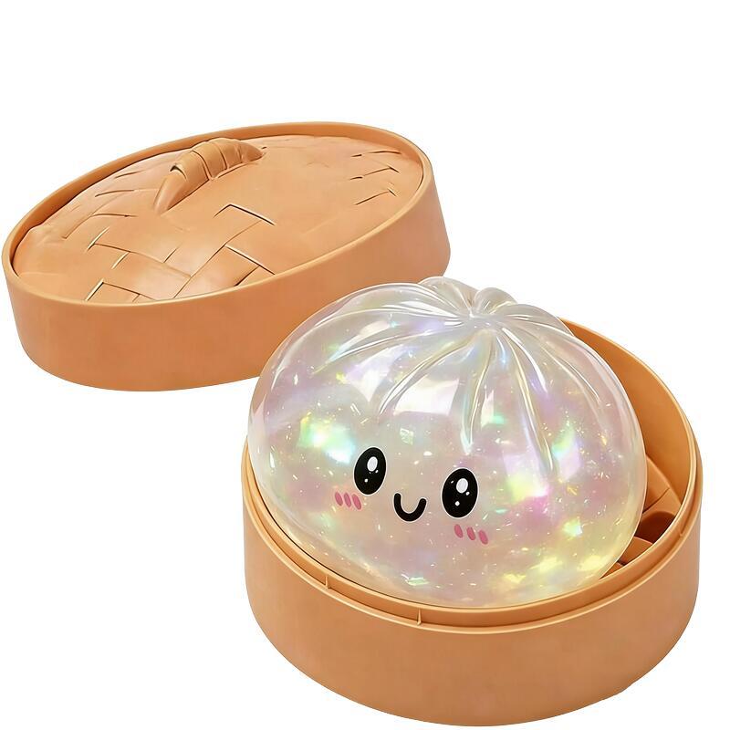 Glitter Dumplings Stress Relief Toy Cute Steamed Bun Squishy Toy with Steamer Box Fidget Toy Soft Slow Resilience Stress Relief Sensory Squeeze Toy