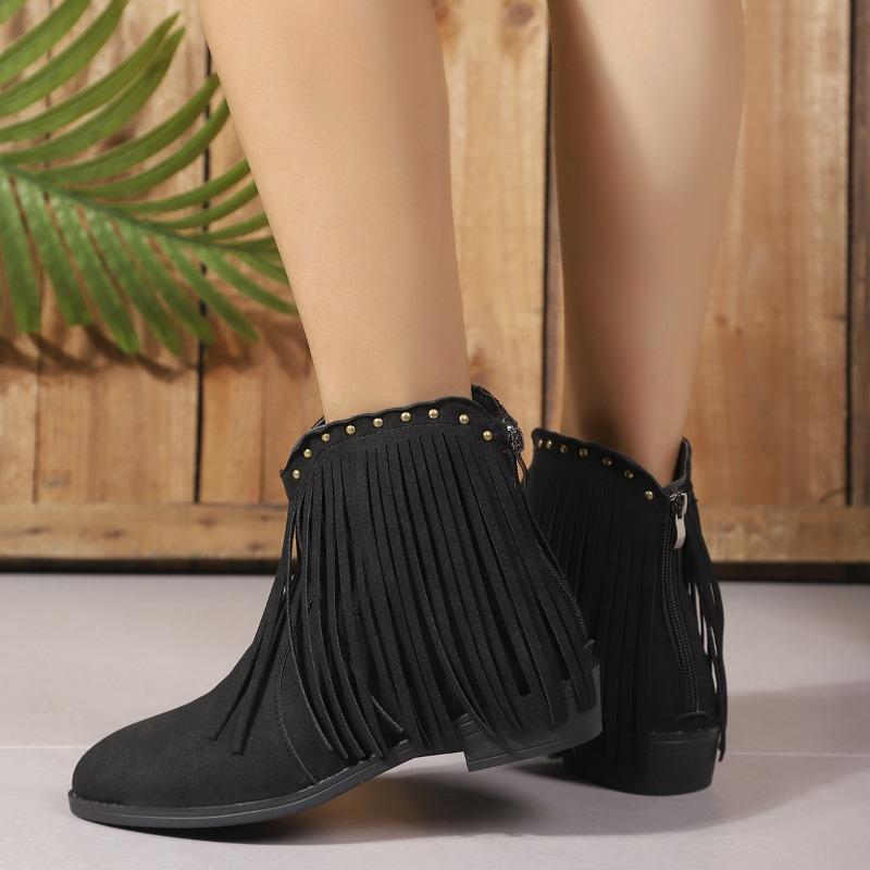 Women's New Vintage Nubuck Booties Women's Pointed Doc Martens Large Size Tassel Studded Western Cowboy Boots