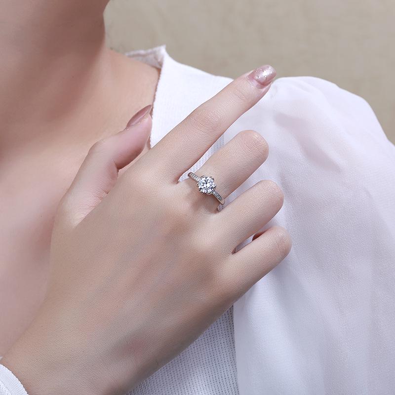 Elegant S925 Sterling Silver Six-Prong Simulated Moissanite Ring with Zircon for Women