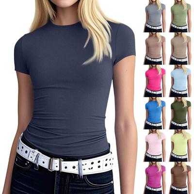 Women's Fashion Pullover Slim T-shirt Round Neck Short Sleeve Solid Color Top