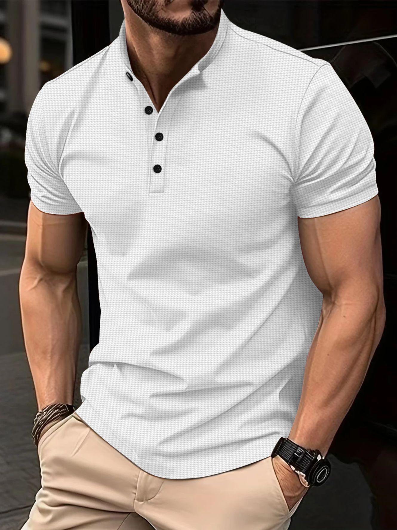 

Винтажная однотонная рубашка хенли для мужчин, летняя модная ребристая футболка с круглым вырезом и пуговицами, новые модные тонкие футболки с коротким рукавом S белый