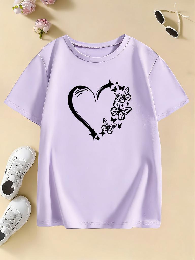 Graphic Casual Hoodies Love Heart with Butterfly T Shirts Kids Childrens Tshirt Boys Girls Summer Spring Top Tee Shirt