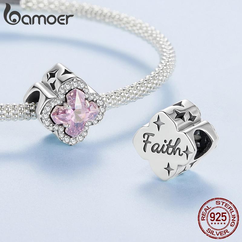 BAMOER 925 Silver Transparent Green Clover Charms Scroll Pattern Beads Fit Original Bracelets DIY Jewelry Accessories