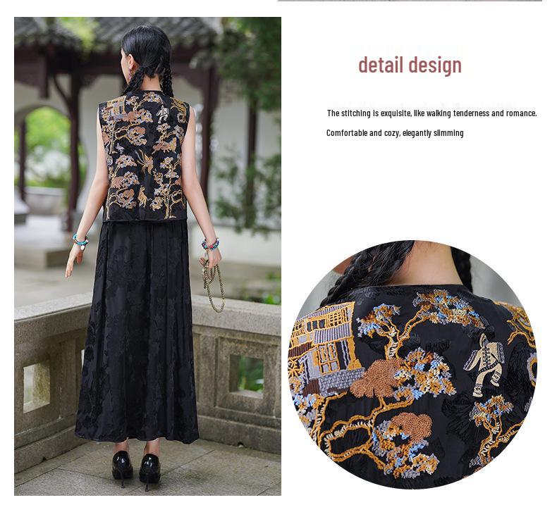 Spring/Summer 2025 Women's Retro Ethnic Embroidered Floral Elastic Waist Long Midi Skirt
