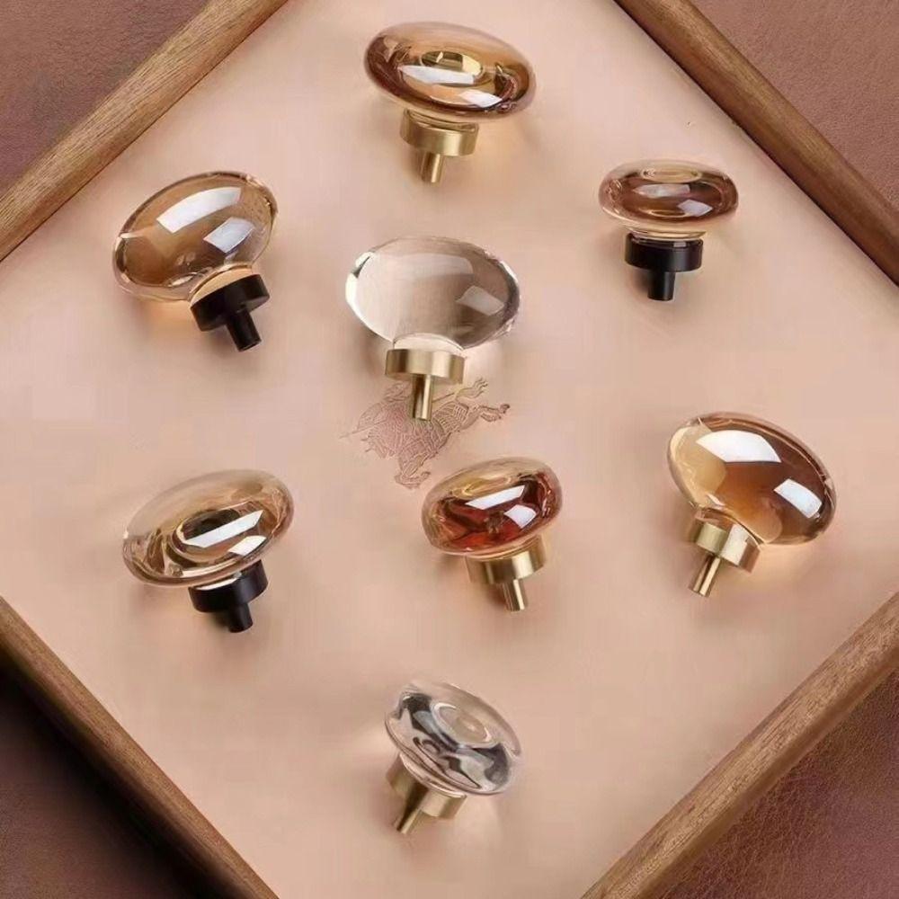 Gold Base Kitchen Cabinet Knobs Champagne / Transparent Wardrobe Handles Cabinet Door
