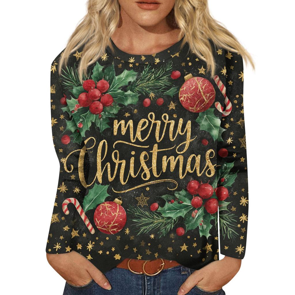 Women's Fashion Casual Long Sleeve  Print Round Neck Top