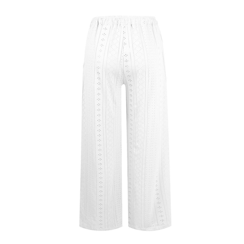 Eyelet Wide Summer Womens Pants Leg Casual Loose Drawstring High Waist Palazzo Pants Trousers With Pockets