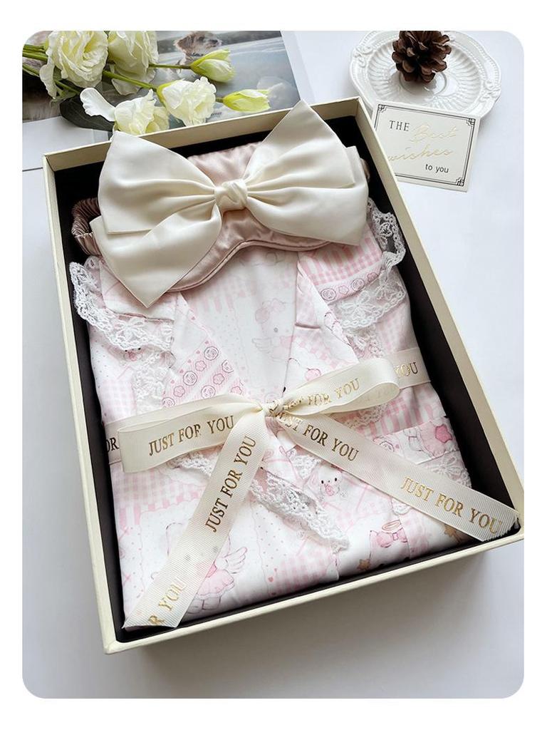 Moe-Stil Süßer Rosa Kätzchen-Pyjama: Weiche Seide, Langärmlig & Lange Hosen für Damen - Frühling & Herbst Kollektion