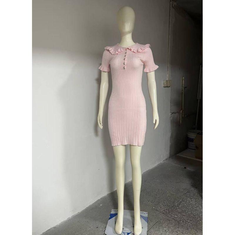 

New French style Frill Doll Collar Knitted dress Lotus Leaf Edge Knitted Dress Pink S