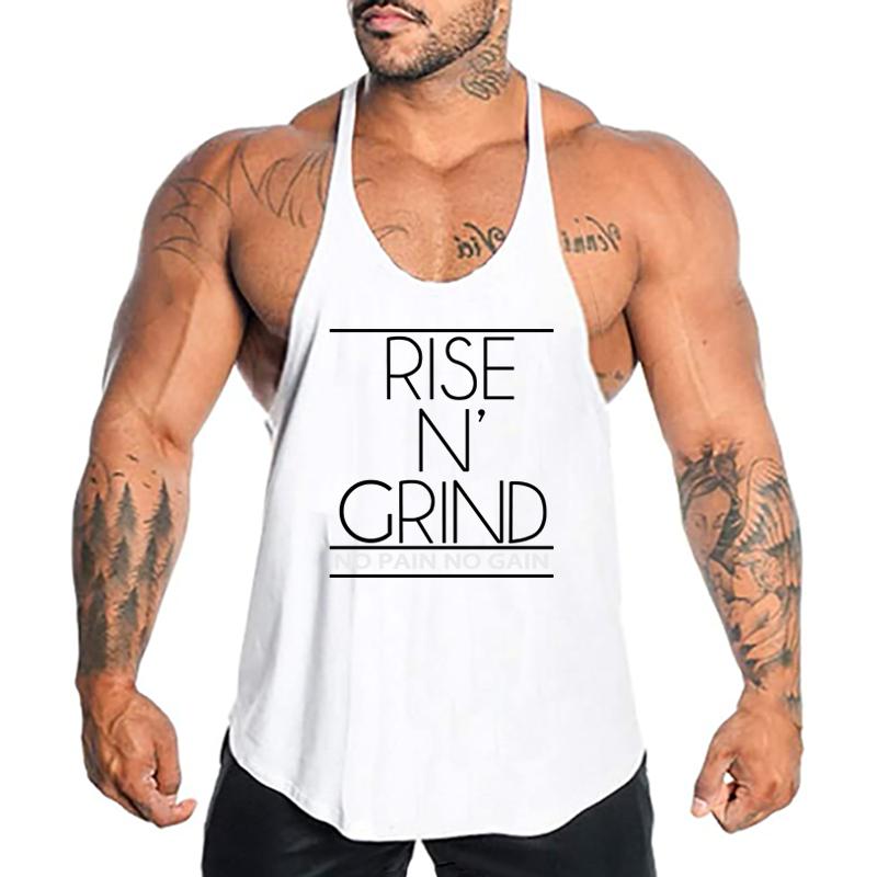 

Muscleguys RISE N GRIND NO PAIN NO GAIN Bodybuilding Stringer Tank Tops Men Gym Clothing Cotton Workout Fitness Sports Running Vests XXL білий