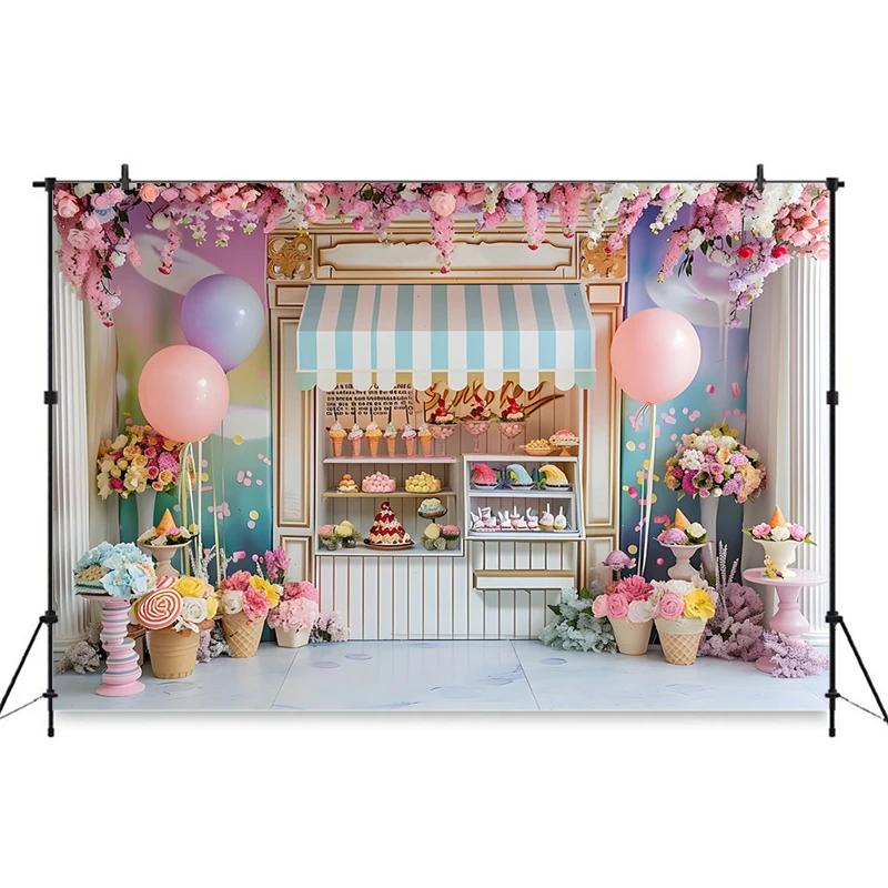 Ice Cream Backdrop For Photography Cake Crush Dessert Shop Balloon Flower Background Wedding Birthday Party Decoration Backdrops
